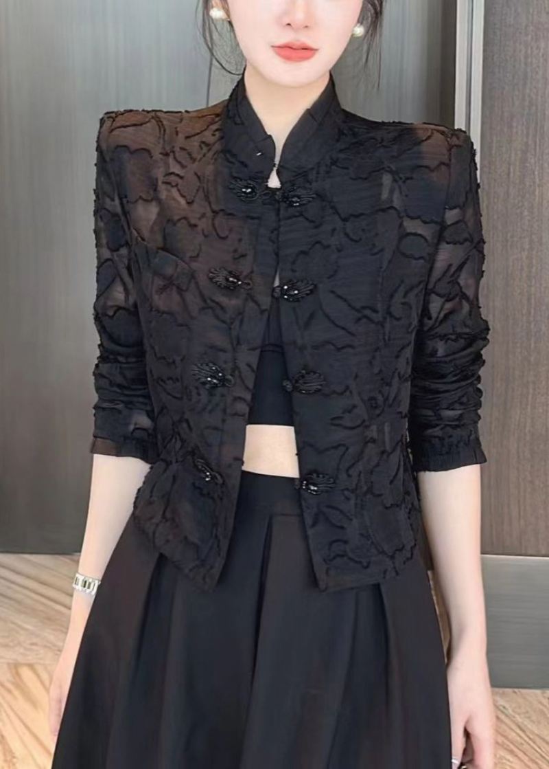 Slim Fit Black Stand Collar Brodered Lace Upf 50+ Coats Langermet