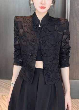 Slim Fit Black Stand Collar Brodered Lace Upf 50+ Coats Langermet