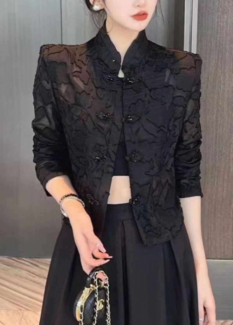 Slim Fit Black Stand Collar Brodered Lace Upf 50+ Coats Langermet - Svart