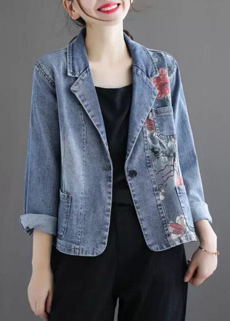 Slim Fit Lyseblå Hakk Krage Lommer Print Denim Coat Spring