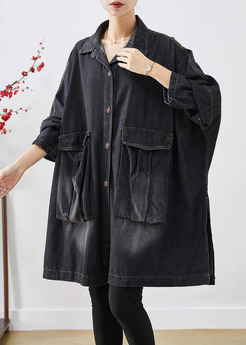 Sort Denim Trench Overdimensjonerte Lommer Batwing Sleeve