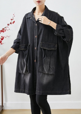 Sort Denim Trench Overdimensjonerte Lommer Batwing Sleeve