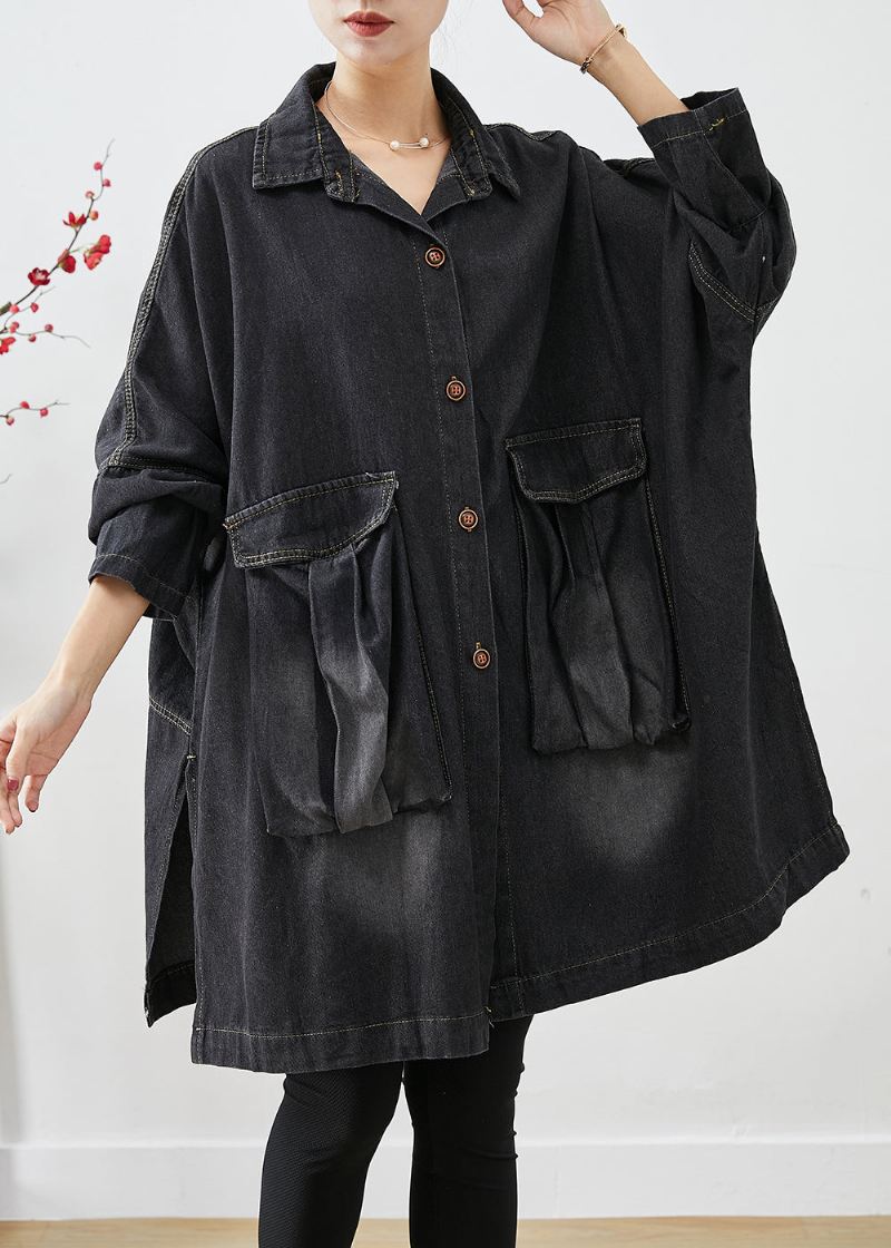 Sort Denim Trench Overdimensjonerte Lommer Batwing Sleeve - Vinterfrakker for kvinner