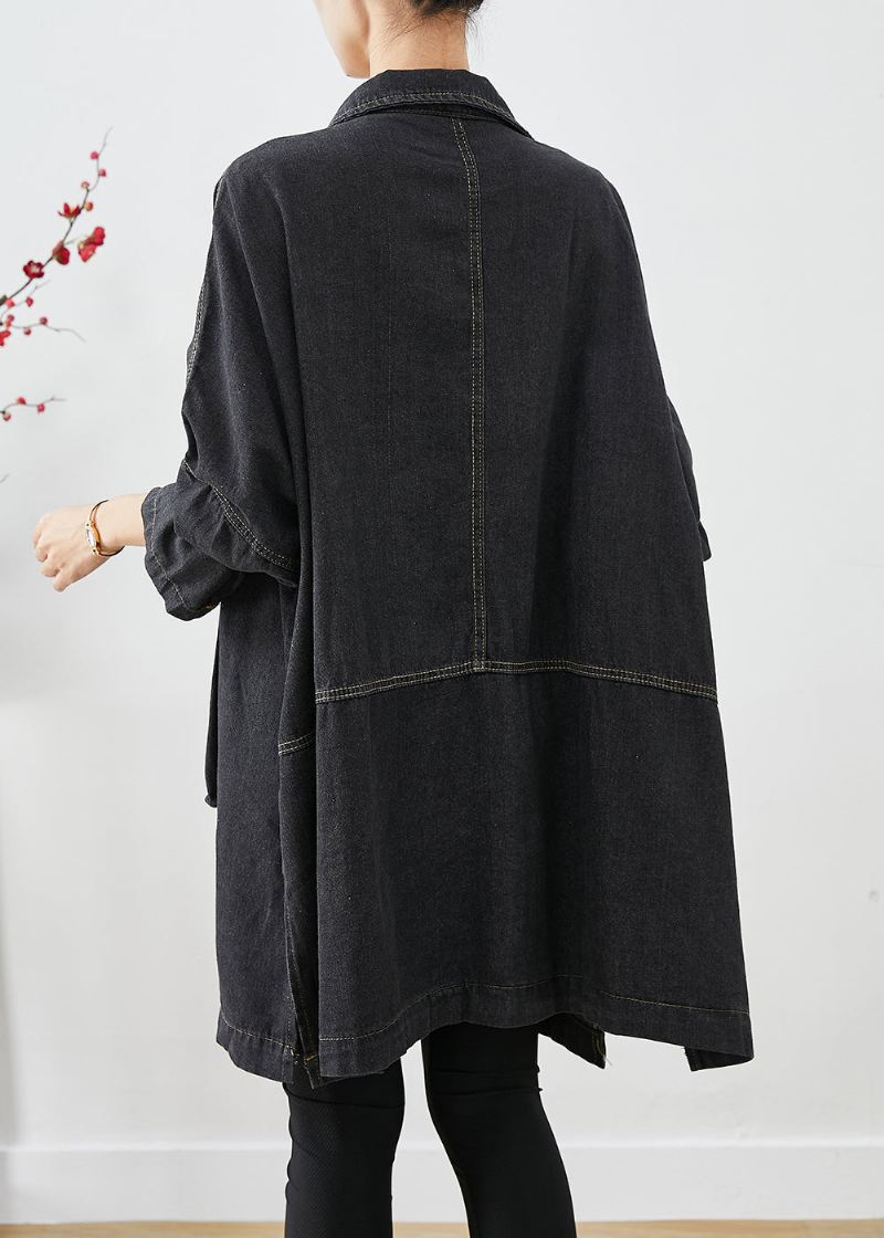 Sort Denim Trench Overdimensjonerte Lommer Batwing Sleeve - Vinterfrakker for kvinner