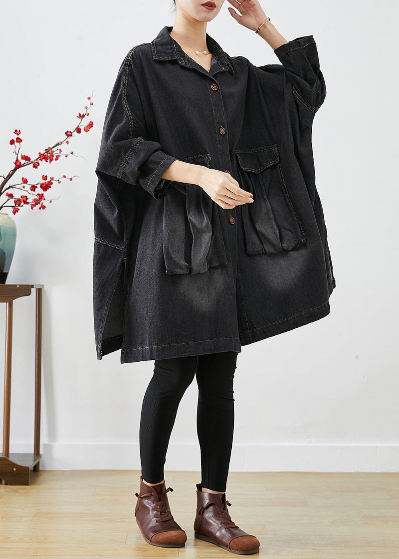 Sort Denim Trench Overdimensjonerte Lommer Batwing Sleeve - Vinterfrakker for kvinner