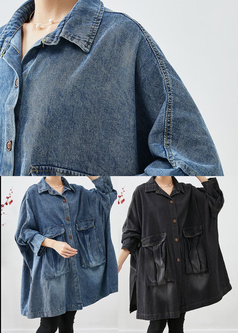 Sort Denim Trench Overdimensjonerte Lommer Batwing Sleeve - Vinterfrakker for kvinner