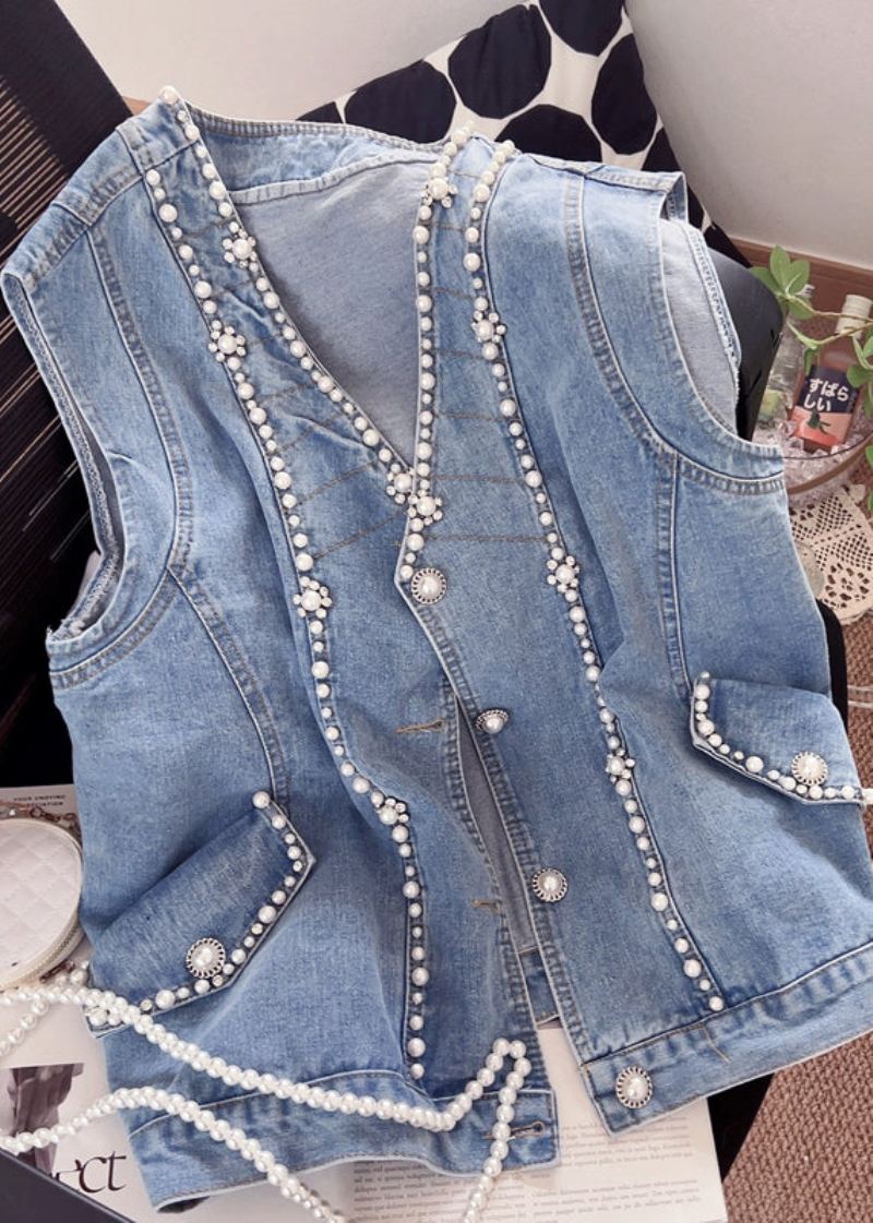 Søt Blå V-hals Patchwork Nail Bead Denim Vest