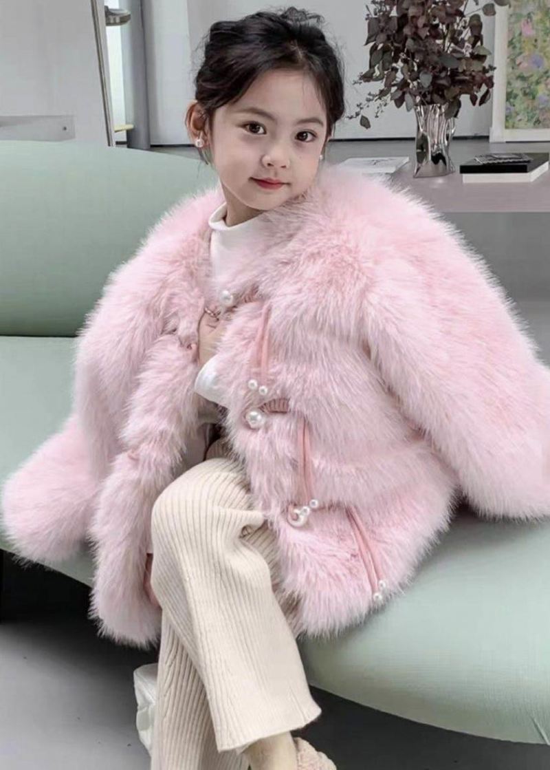 Søt Rosa O-hals Solid Mink Hair Girls Coat Langermet