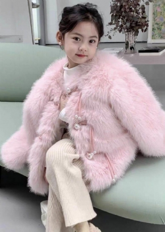 Søt Rosa O-hals Solid Mink Hair Girls Coat Langermet