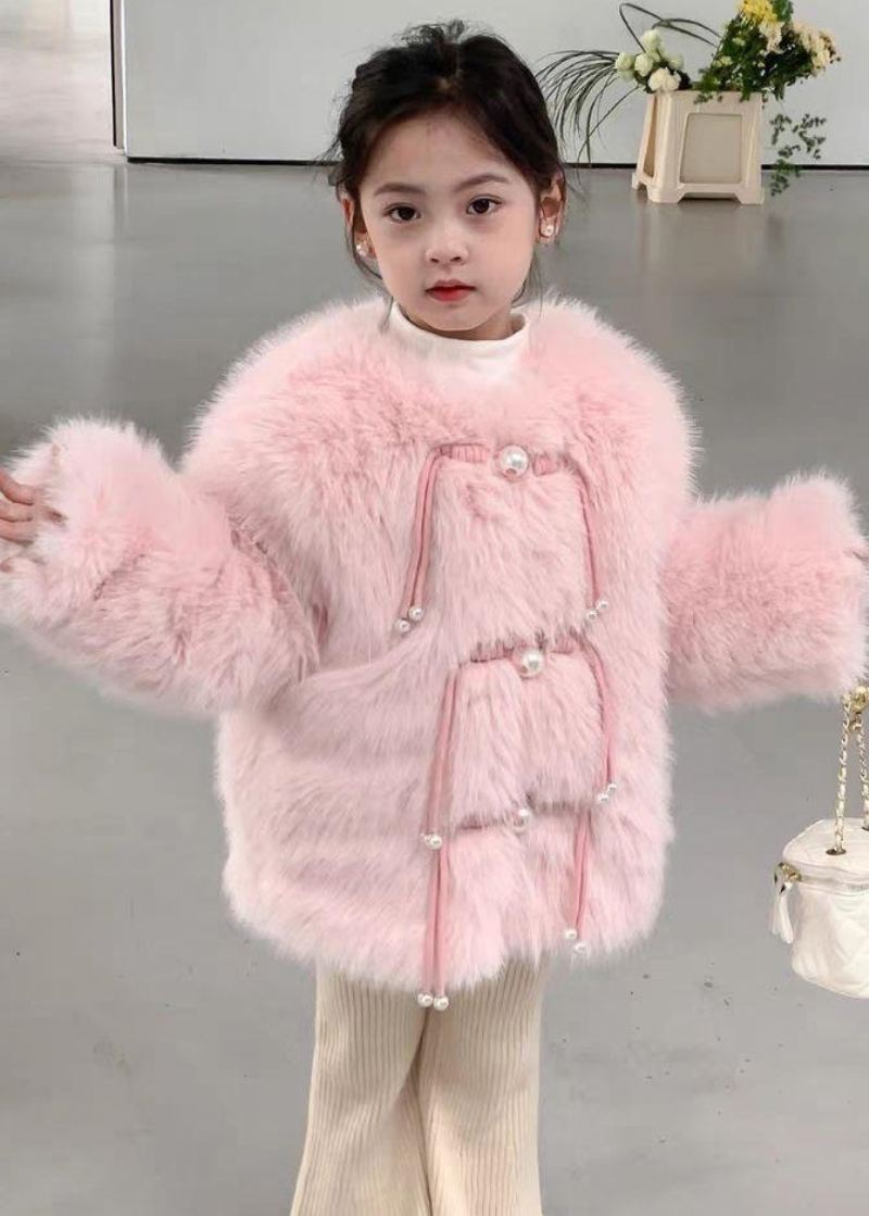 Søt Rosa O-hals Solid Mink Hair Girls Coat Langermet - Vinterfrakker for kvinner