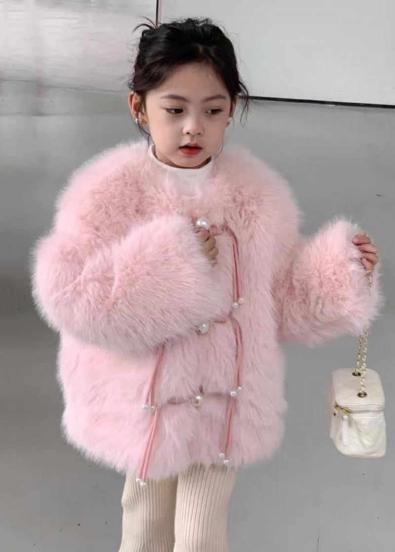 Søt Rosa O-hals Solid Mink Hair Girls Coat Langermet - Vinterfrakker for kvinner