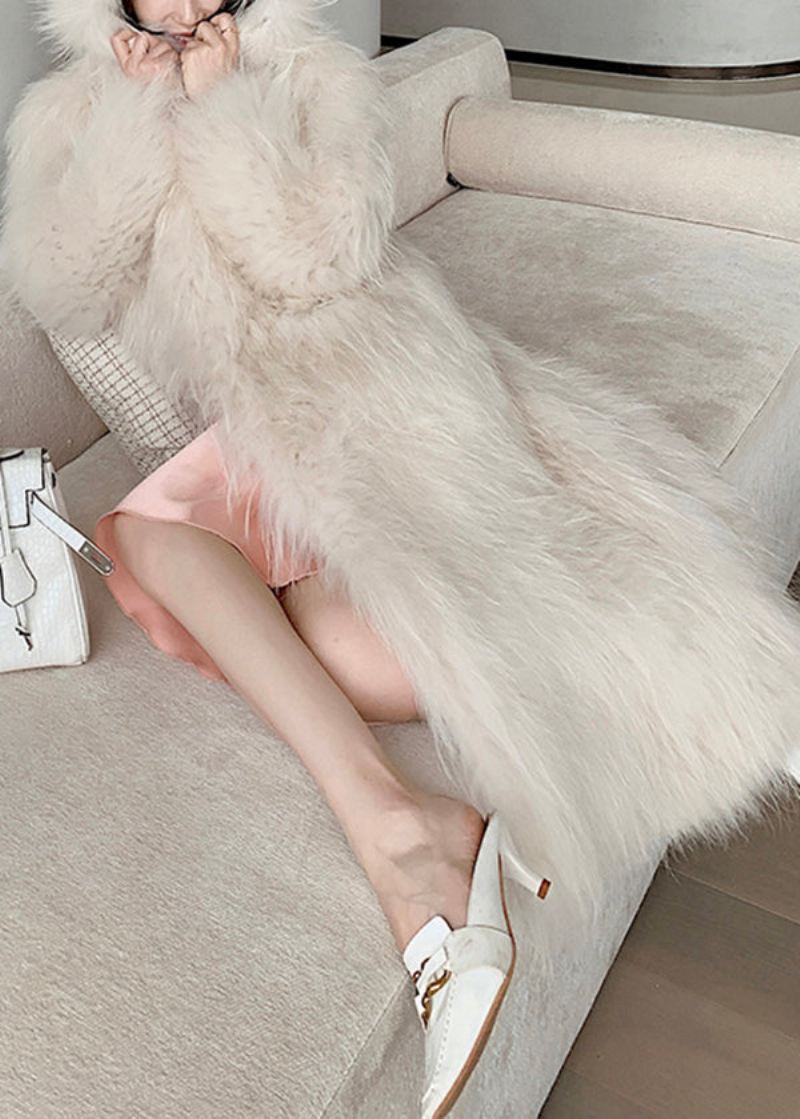 Stil Beige Lommer Patchwork Hette Fuzzy Fur Fluffy Coat Vinter - Vinterfrakker for kvinner