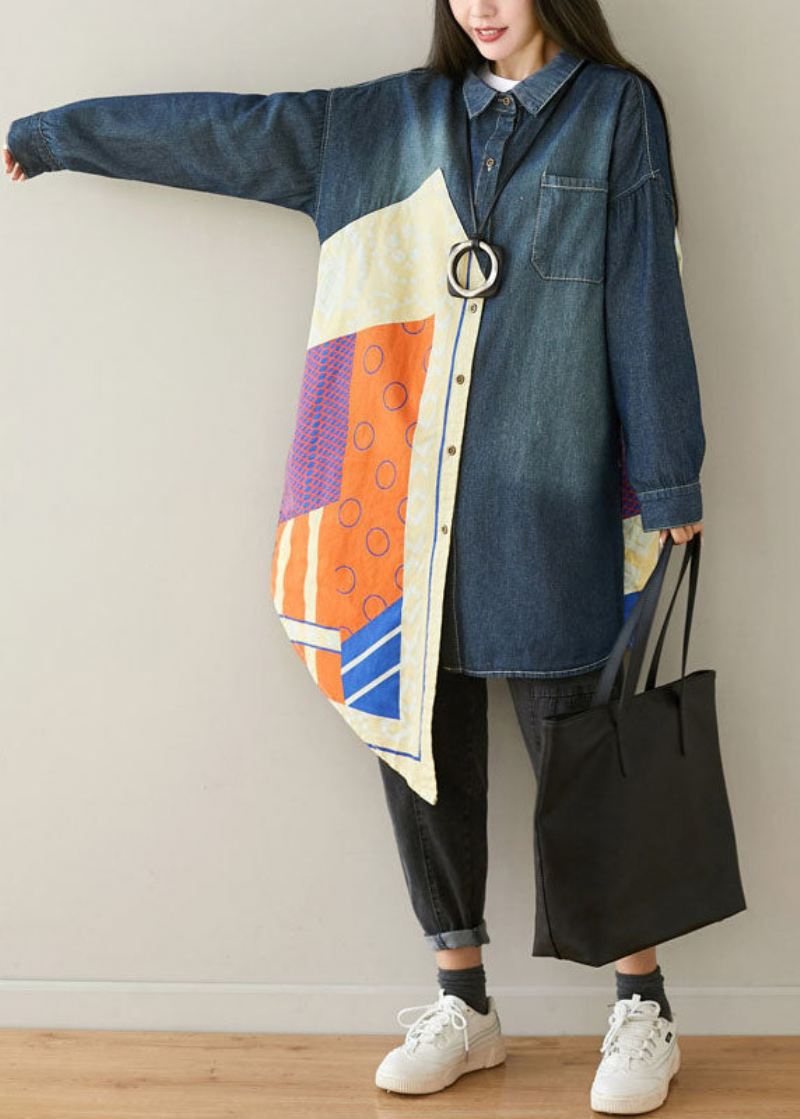 Stil Blå Asymmetriske Lommer Patchwork Bomull Denim Kåper Spring - Vinterfrakker for kvinner