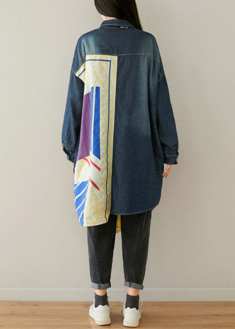 Stil Blå Asymmetriske Lommer Patchwork Bomull Denim Kåper Spring - Vinterfrakker for kvinner