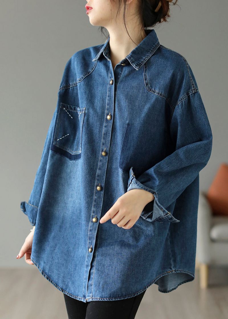 Stil Blå Oversized Brodert Pocket Denim Jakker Spring