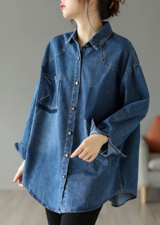 Stil Blå Oversized Brodert Pocket Denim Jakker Spring