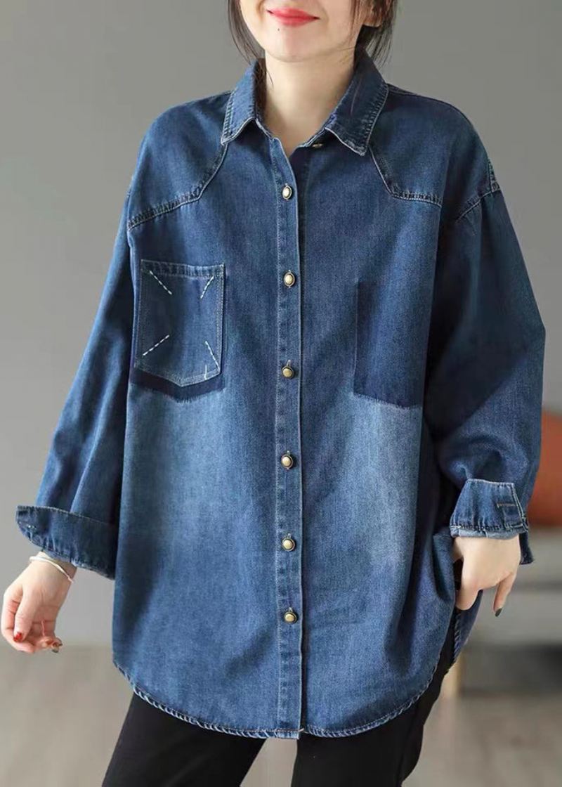 Stil Blå Oversized Brodert Pocket Denim Jakker Spring - Vinterfrakker for kvinner