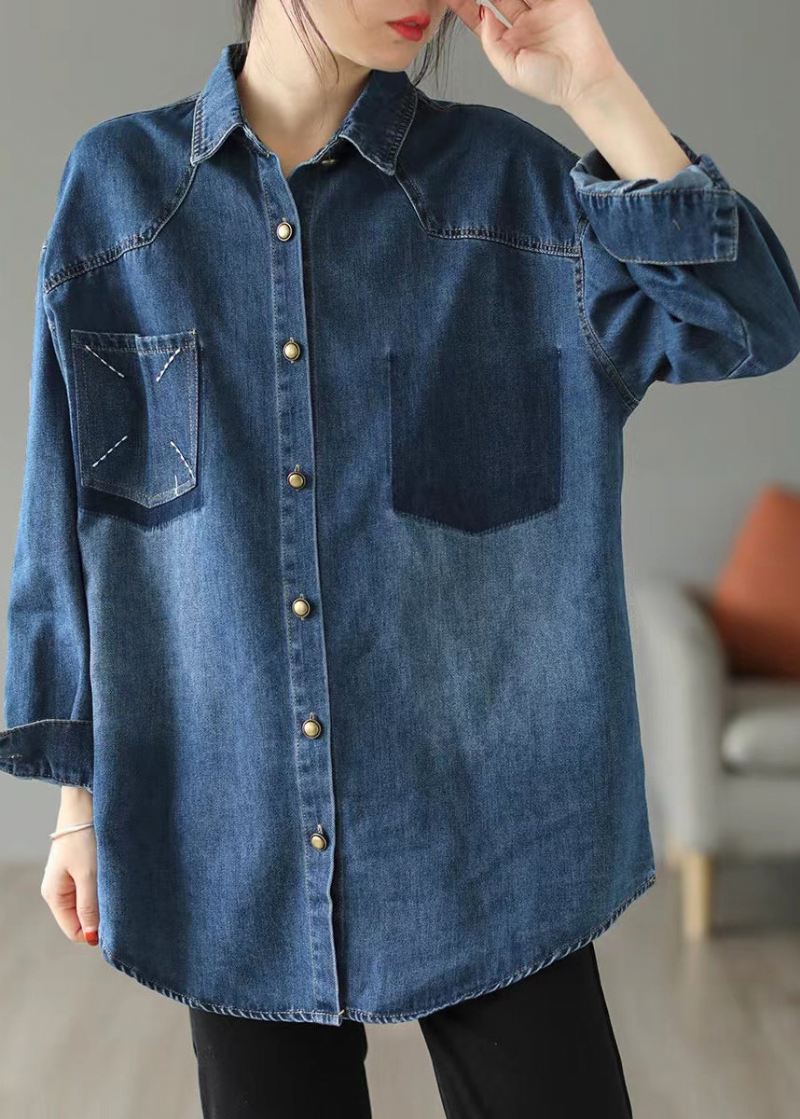 Stil Blå Oversized Brodert Pocket Denim Jakker Spring - Vinterfrakker for kvinner