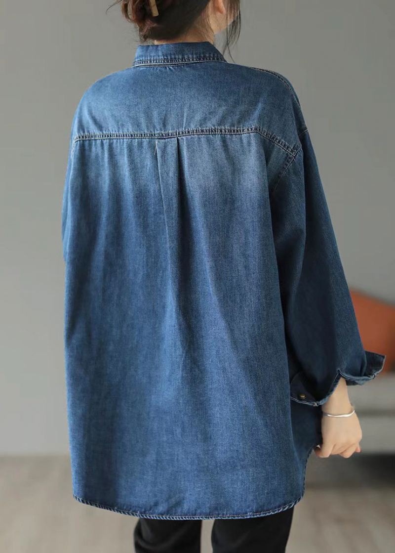 Stil Blå Oversized Brodert Pocket Denim Jakker Spring - Vinterfrakker for kvinner