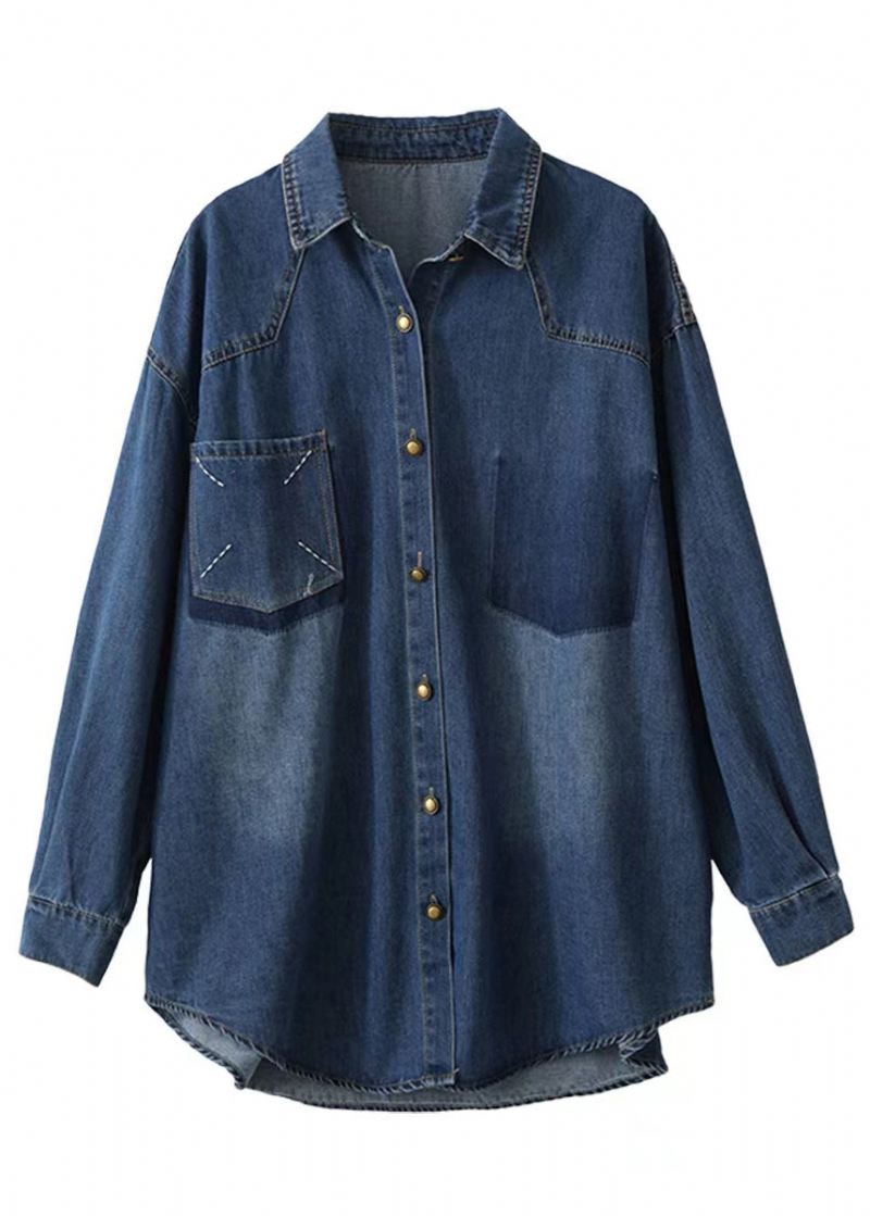 Stil Blå Oversized Brodert Pocket Denim Jakker Spring - Vinterfrakker for kvinner