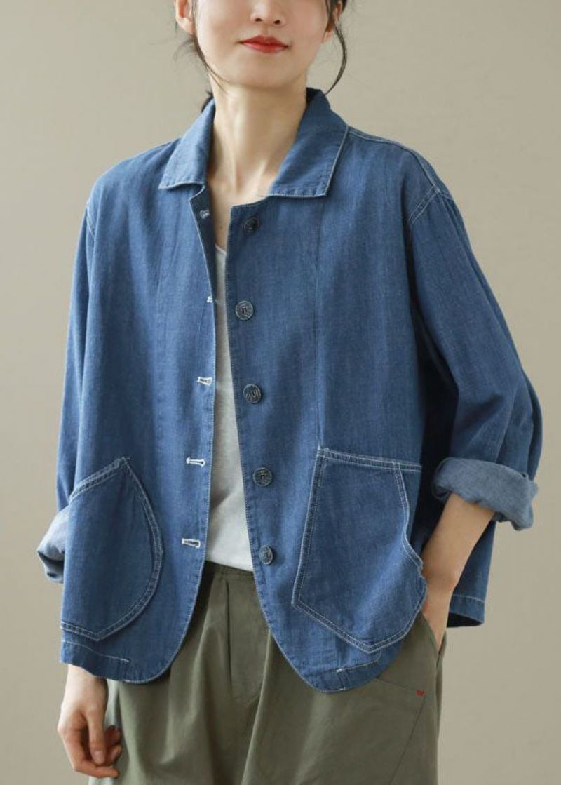 Stil Blå Peter Pan Kragelommer Patchwork Denim Coats Spring