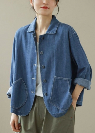 Stil Blå Peter Pan Kragelommer Patchwork Denim Coats Spring