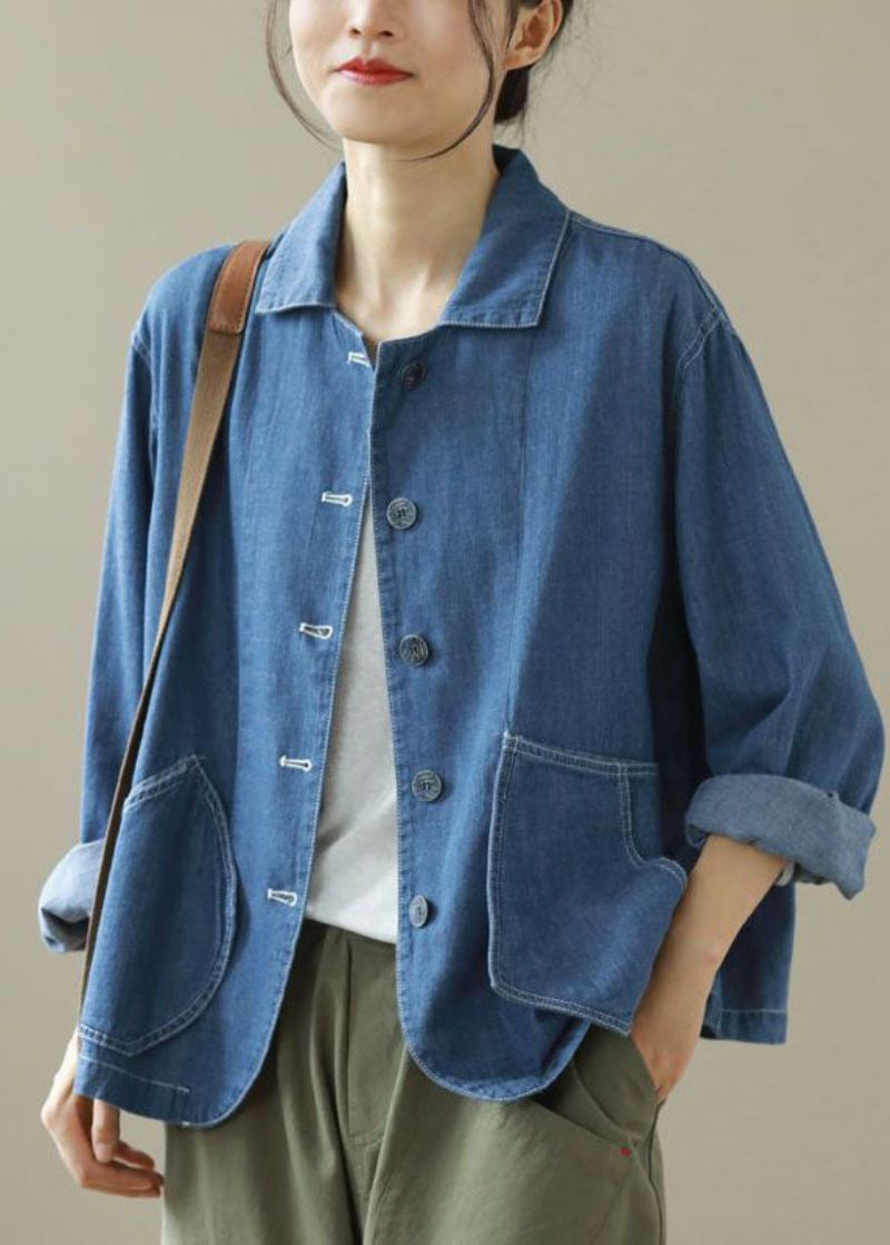 Stil Blå Peter Pan Kragelommer Patchwork Denim Coats Spring - Vinterfrakker for kvinner