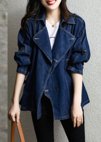 Stil Blue Notched Patchwork Button Denim Coats Høst