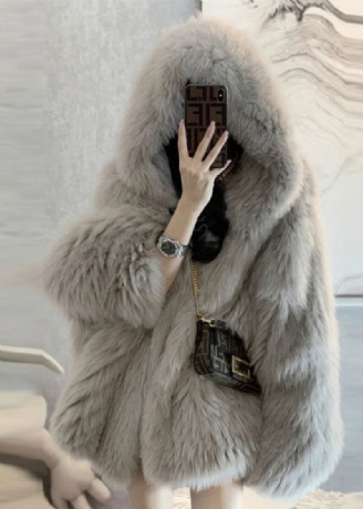 Stil Lys Grå Hette Patchwork Fuzzy Fur Fluffy Jacket Vinter