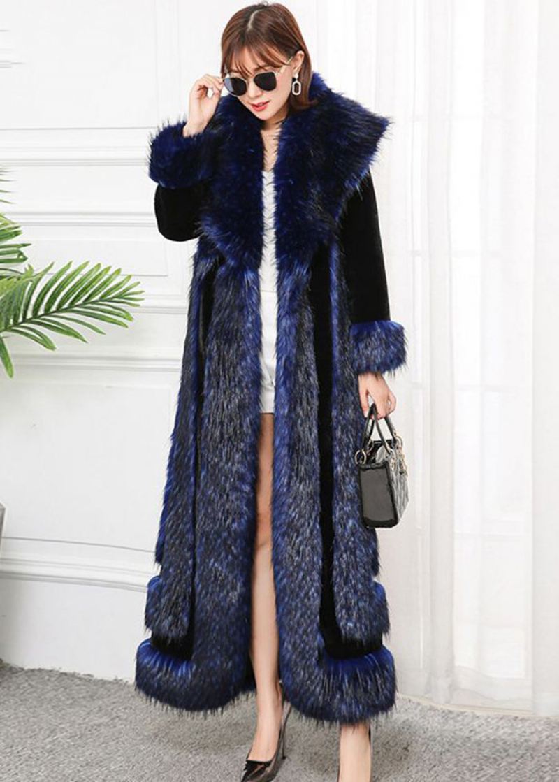 Stil Navy Faux Fox Krage Patchwork Silm Fit Fur Coats Vinter