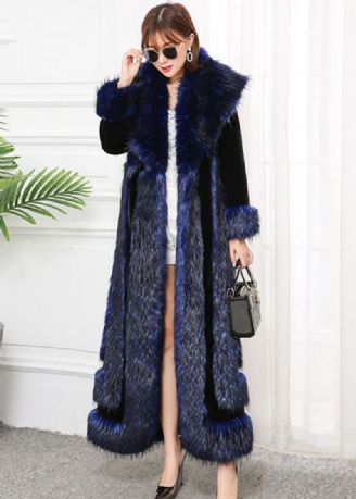 Stil Navy Faux Fox Krage Patchwork Silm Fit Fur Coats Vinter