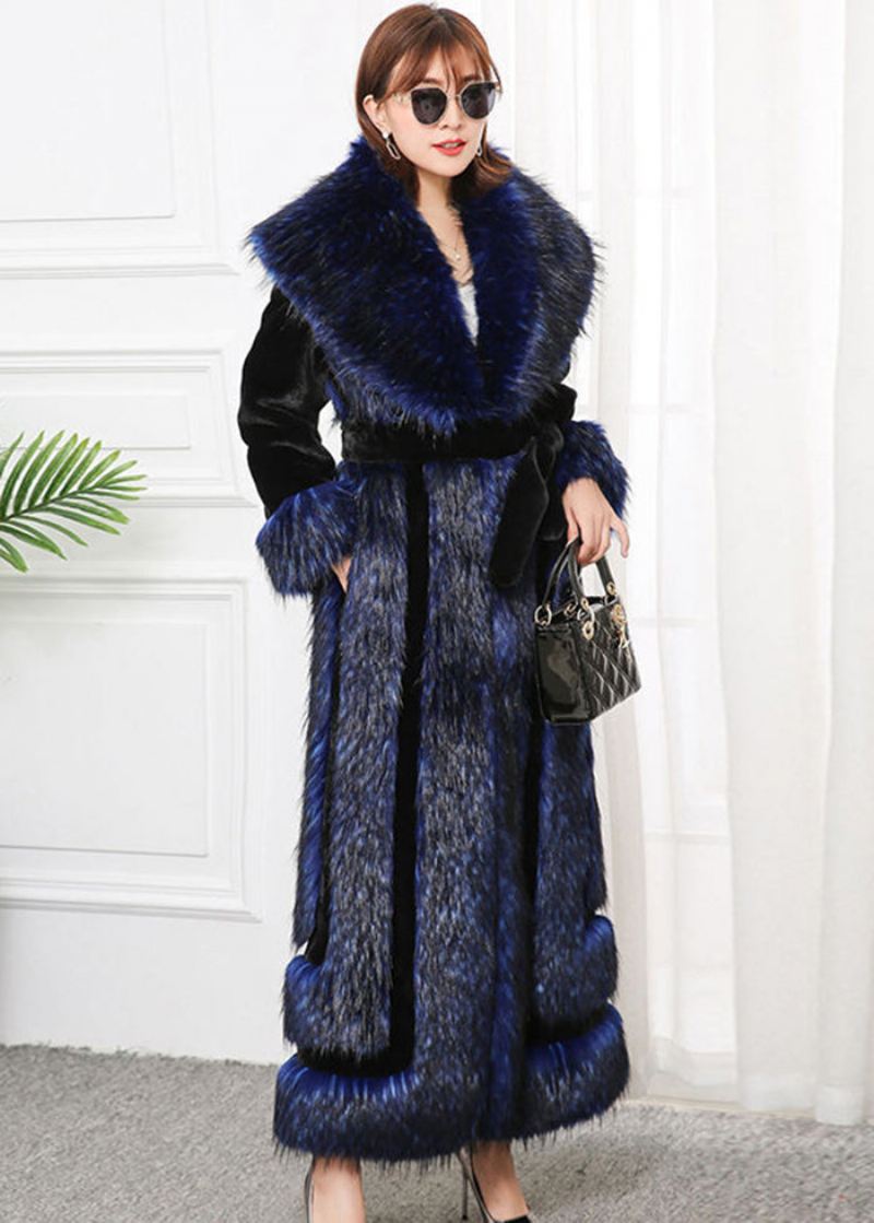 Stil Navy Faux Fox Krage Patchwork Silm Fit Fur Coats Vinter - Vinterfrakker for kvinner