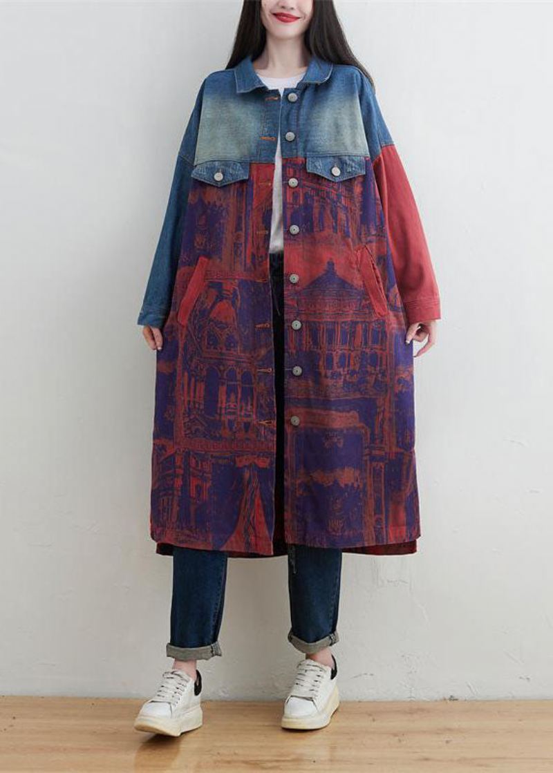 Stil Rød Peter Pan Krage Patchwork Print Denim Yttertøy Spring