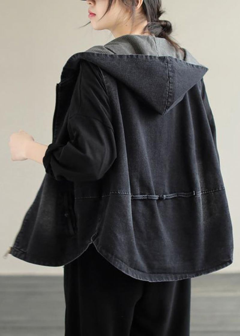 Stil Svart Glidelås Patchwork Hettegenser Denim Coat Fall - Vinterfrakker for kvinner