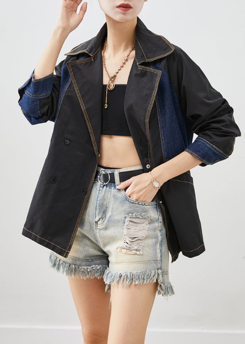 Stil Svart Oversized Denim Patchwork Bomullsjakker Høst