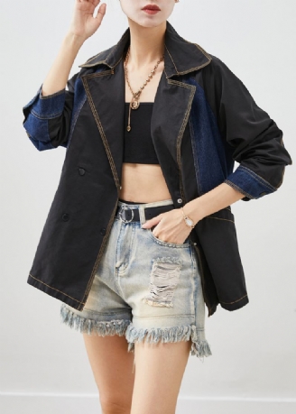 Stil Svart Oversized Denim Patchwork Bomullsjakker Høst