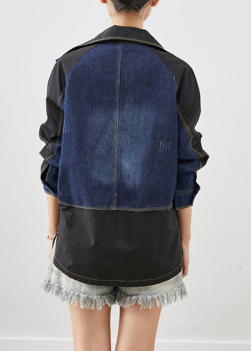 Stil Svart Oversized Denim Patchwork Bomullsjakker Høst - Vinterfrakker for kvinner