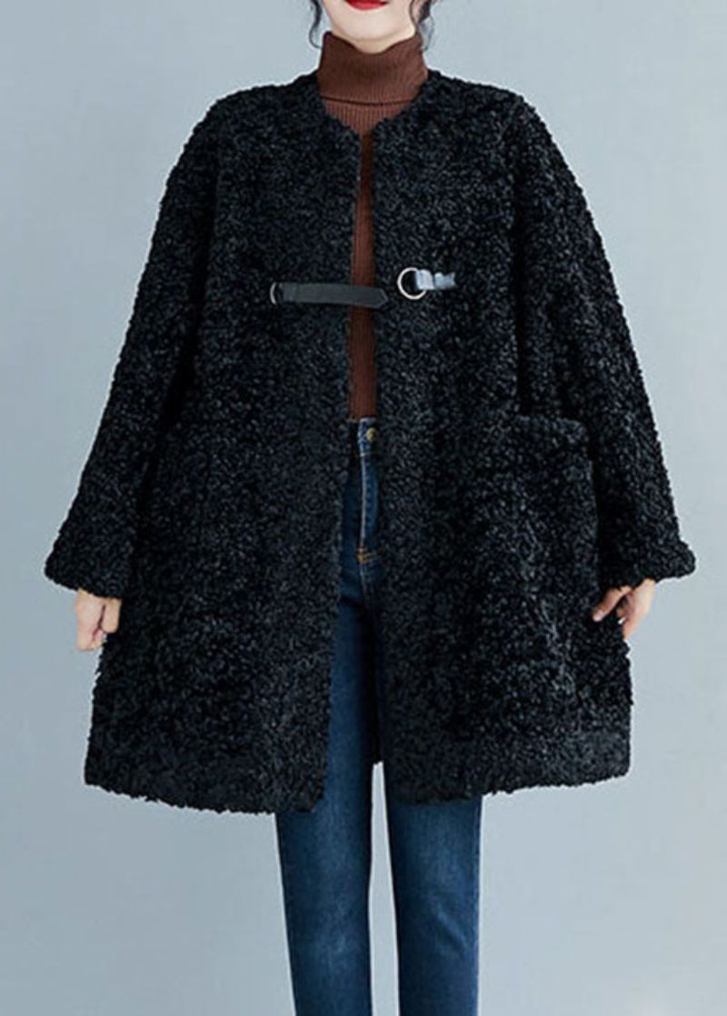 Stil Svarte Lommer Faux Fur Coats Vinter