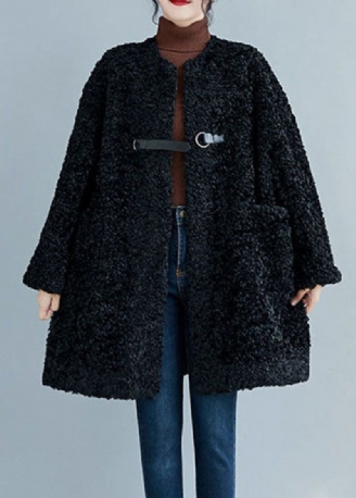 Stil Svarte Lommer Faux Fur Coats Vinter