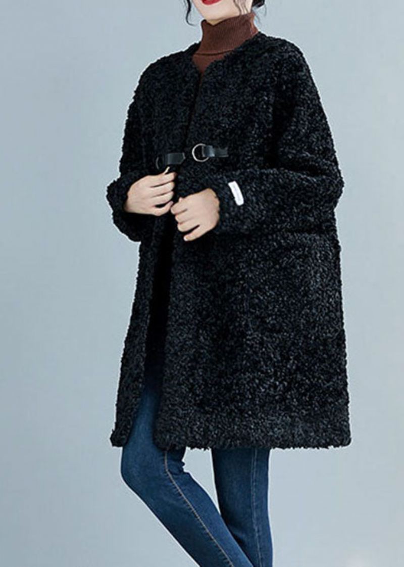 Stil Svarte Lommer Faux Fur Coats Vinter - Vinterfrakker for kvinner