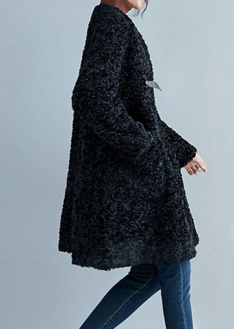 Stil Svarte Lommer Faux Fur Coats Vinter - Vinterfrakker for kvinner