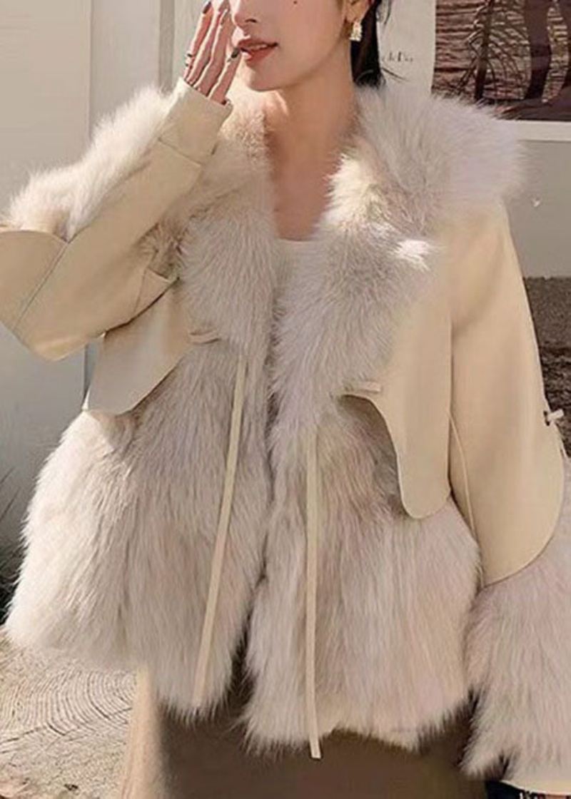 Stilig Beige Peter Pan Krage Patchwork Fuzzy Fur Fluffy Jacket Vinter