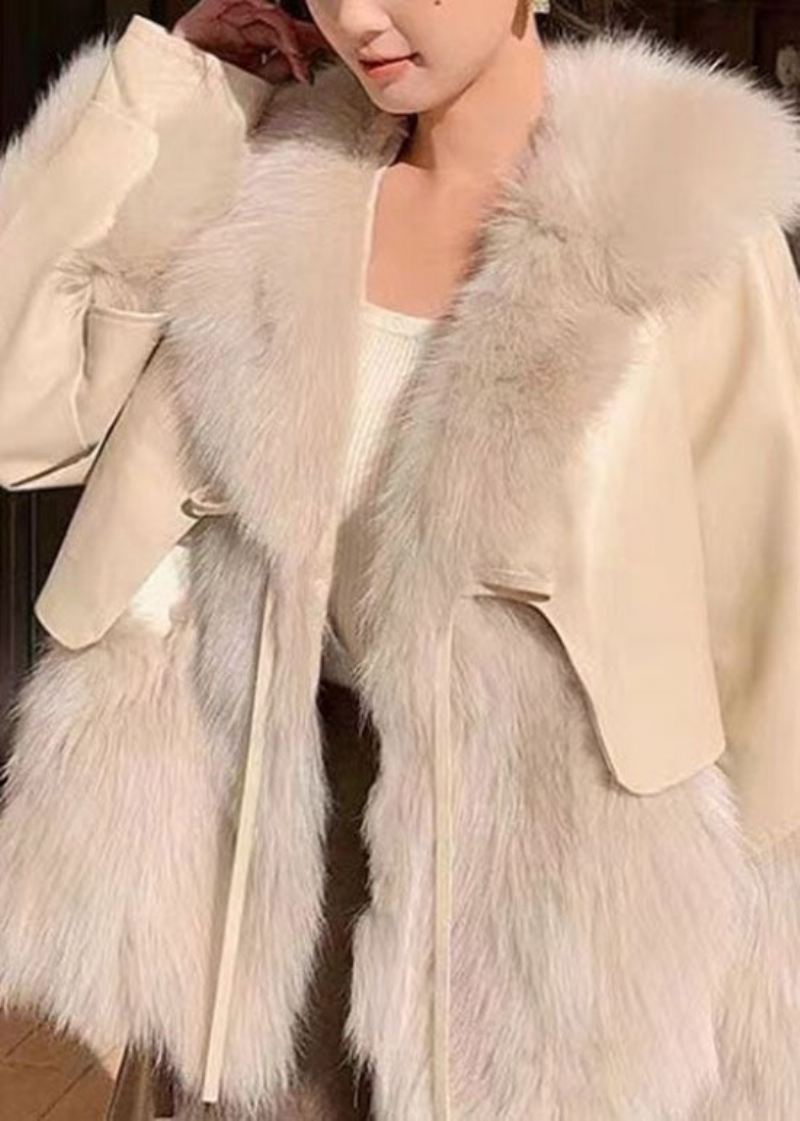 Stilig Beige Peter Pan Krage Patchwork Fuzzy Fur Fluffy Jacket Vinter - Vinterfrakker for kvinner