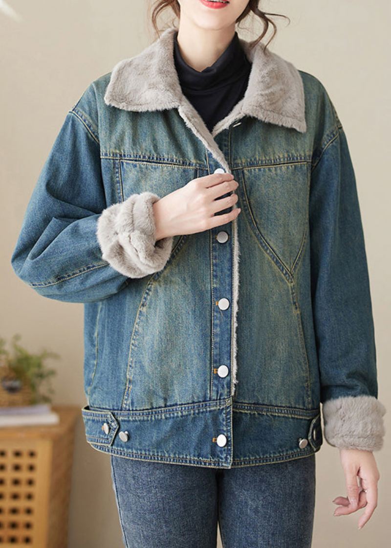 Stilig Blå Peter Pan Krage Patchwork Varm Fleece Denim Kåper Vinter - Vinterfrakker for kvinner