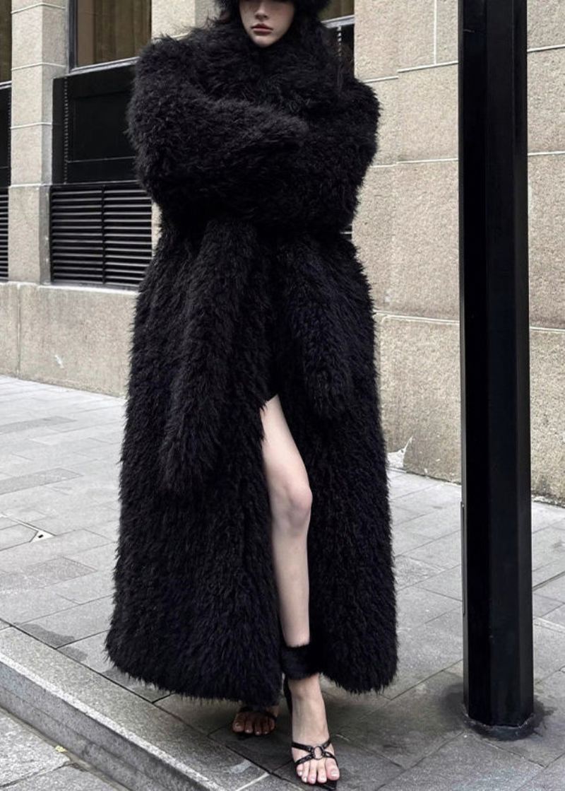 Stilig Black Tie Midje Patchwork Fuzzy Fur Fluffy Coat Vinter