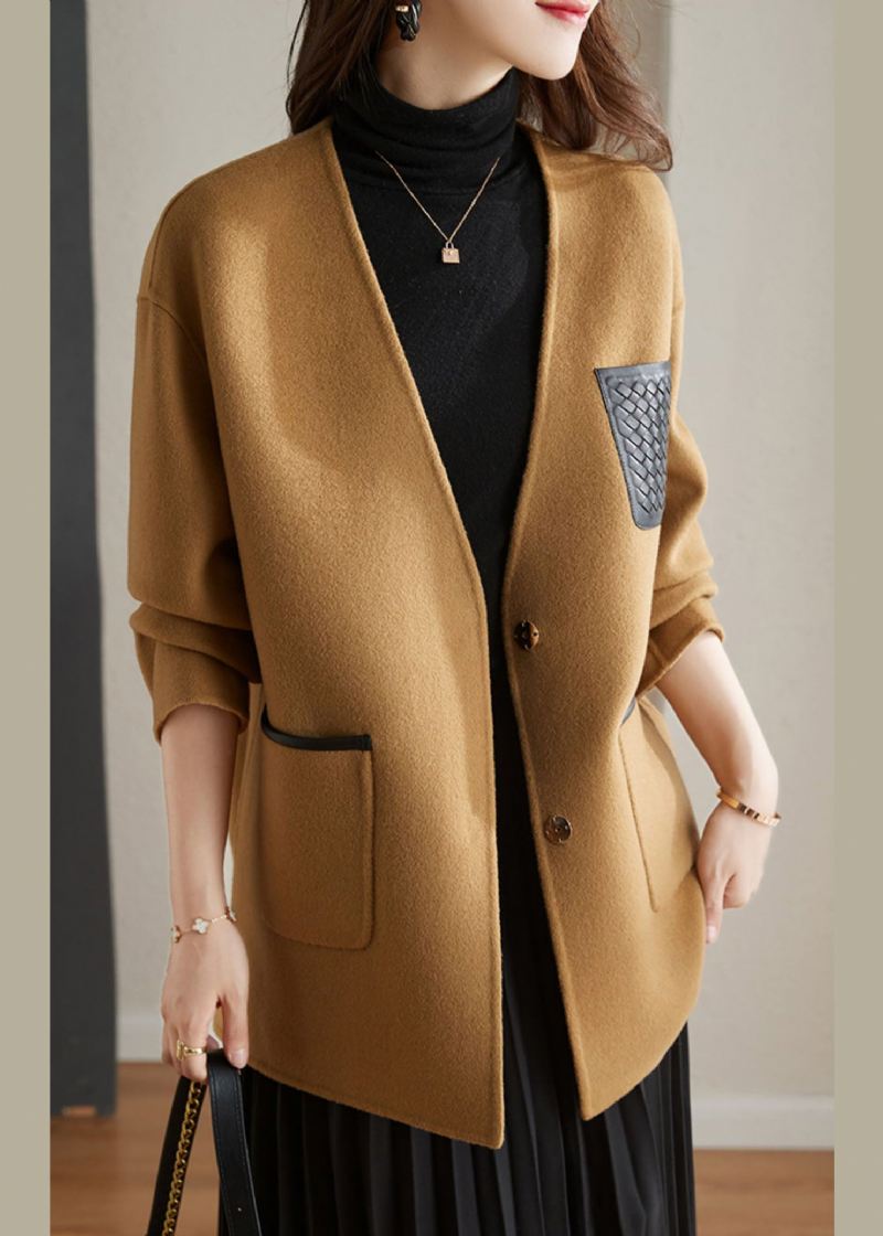 Stilig Camel V-hals Patchwork Button Ull Blend Coats Fall