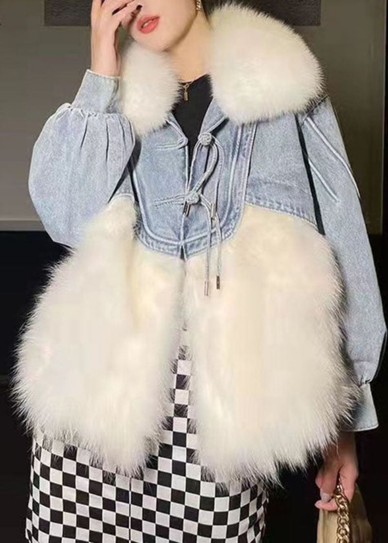 Stilig Hvit Dusket Denim Patchwork Fuzzy Fur Fluffy Coat Vinter