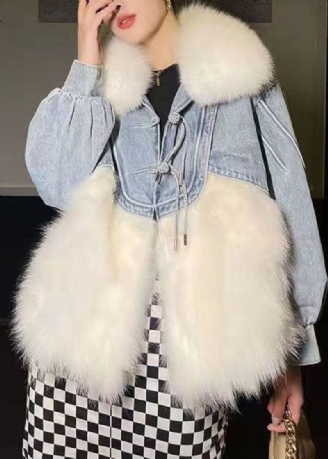 Stilig Hvit Dusket Denim Patchwork Fuzzy Fur Fluffy Coat Vinter