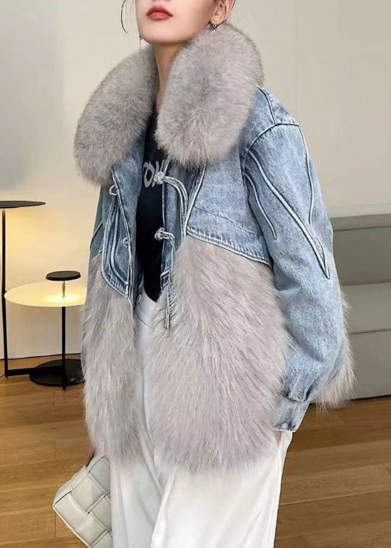 Stilig Hvit Dusket Denim Patchwork Fuzzy Fur Fluffy Coat Vinter - Vinterfrakker for kvinner