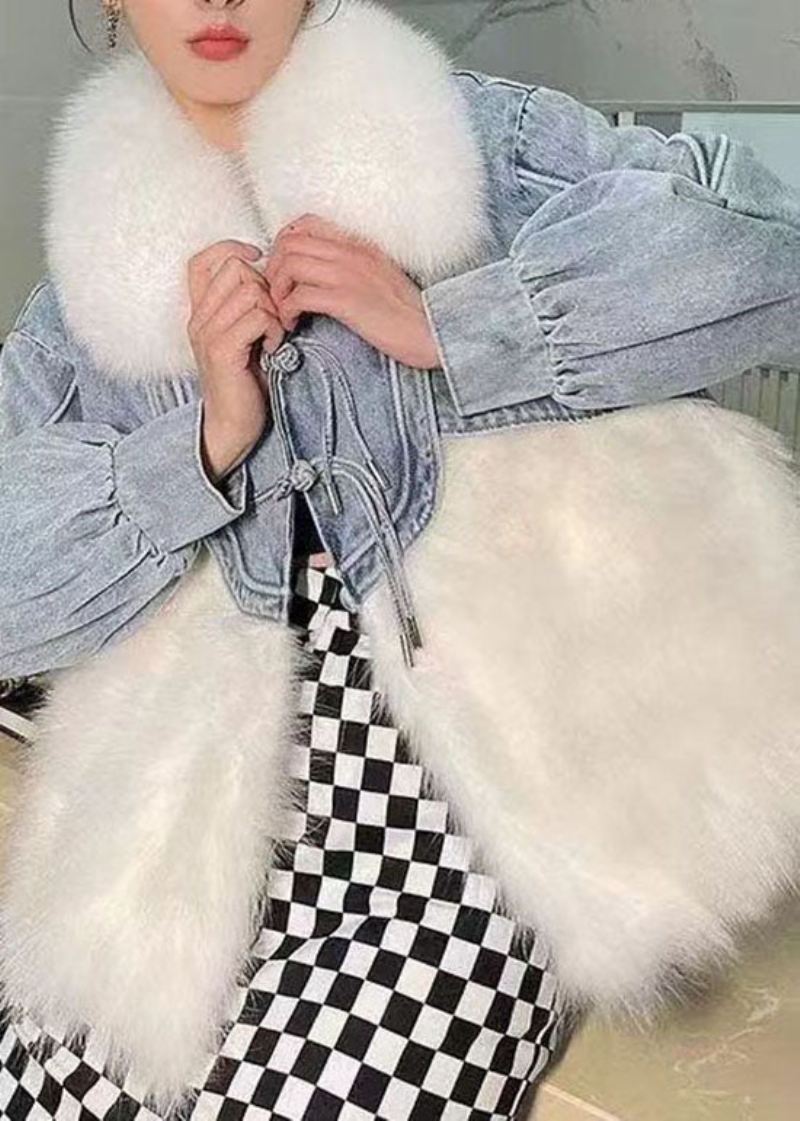 Stilig Hvit Dusket Denim Patchwork Fuzzy Fur Fluffy Coat Vinter - Vinterfrakker for kvinner